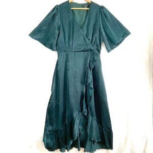 Lulus Dress Womens M Green Satin Wrapped Up In Love Faux Wrap Ruffles Midi